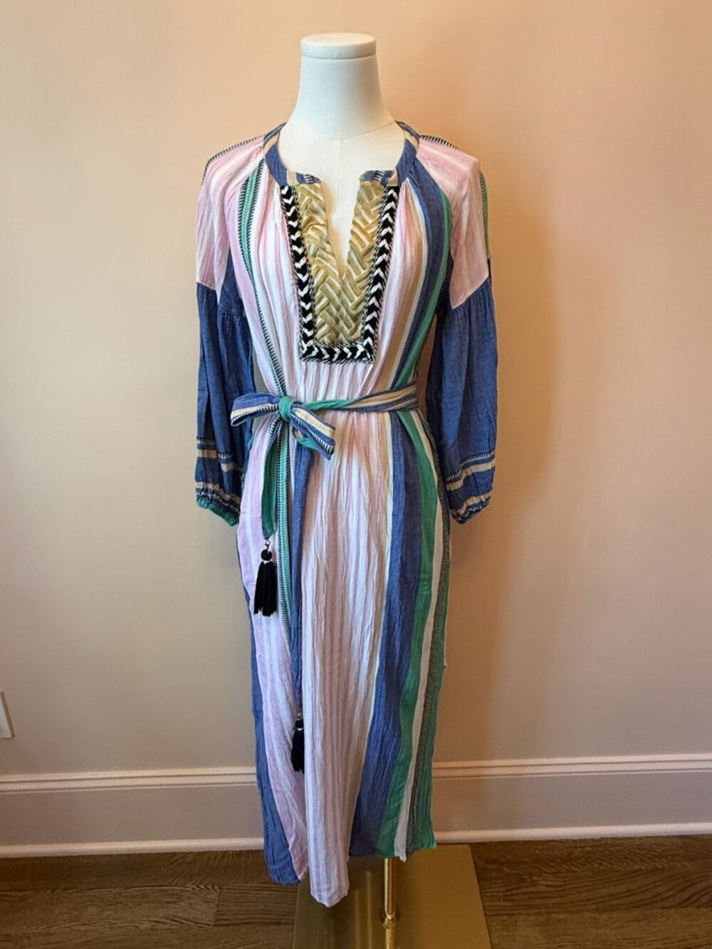 NEMA Resort Wear Striped Embroidered Tassel Dress Size S